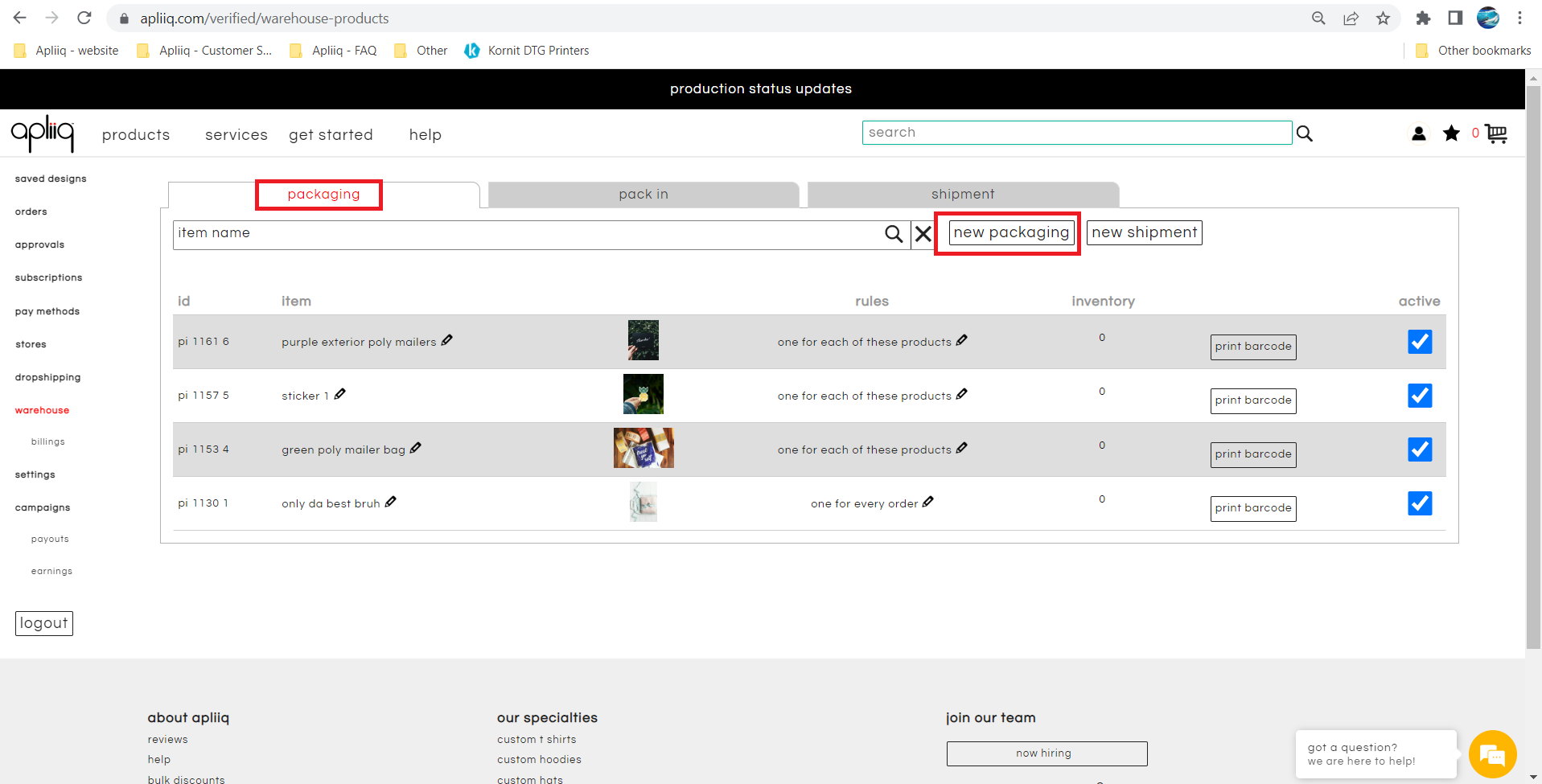 Add your packaging option on warehouse page
