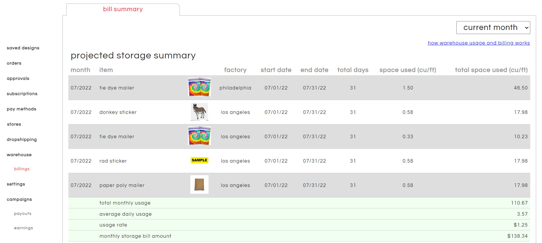 Example of warehouse bill summary