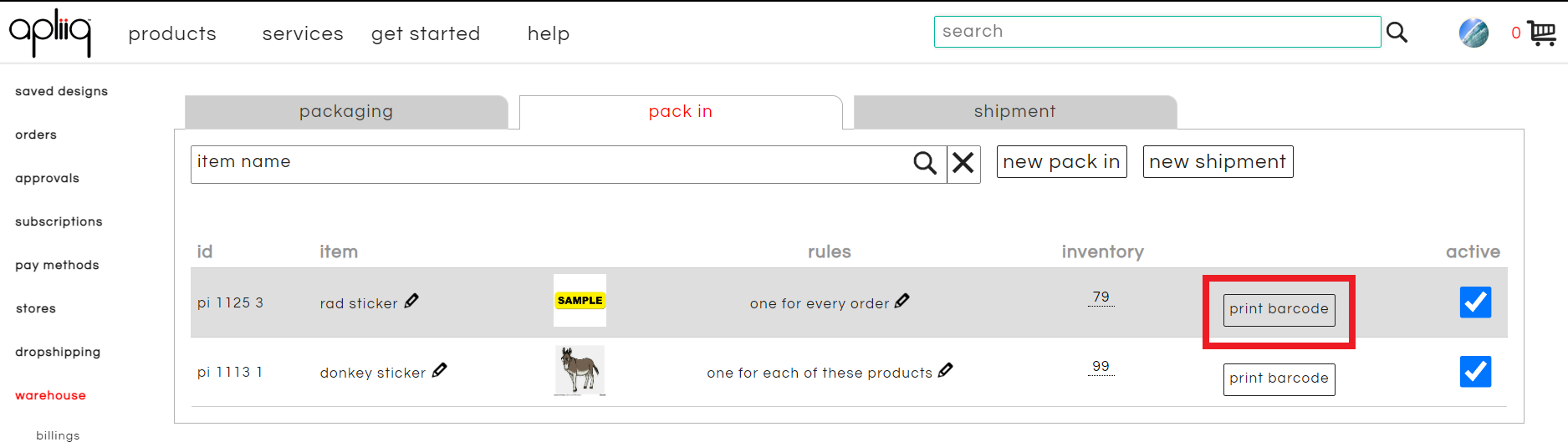 Print barcode option on warehouse page