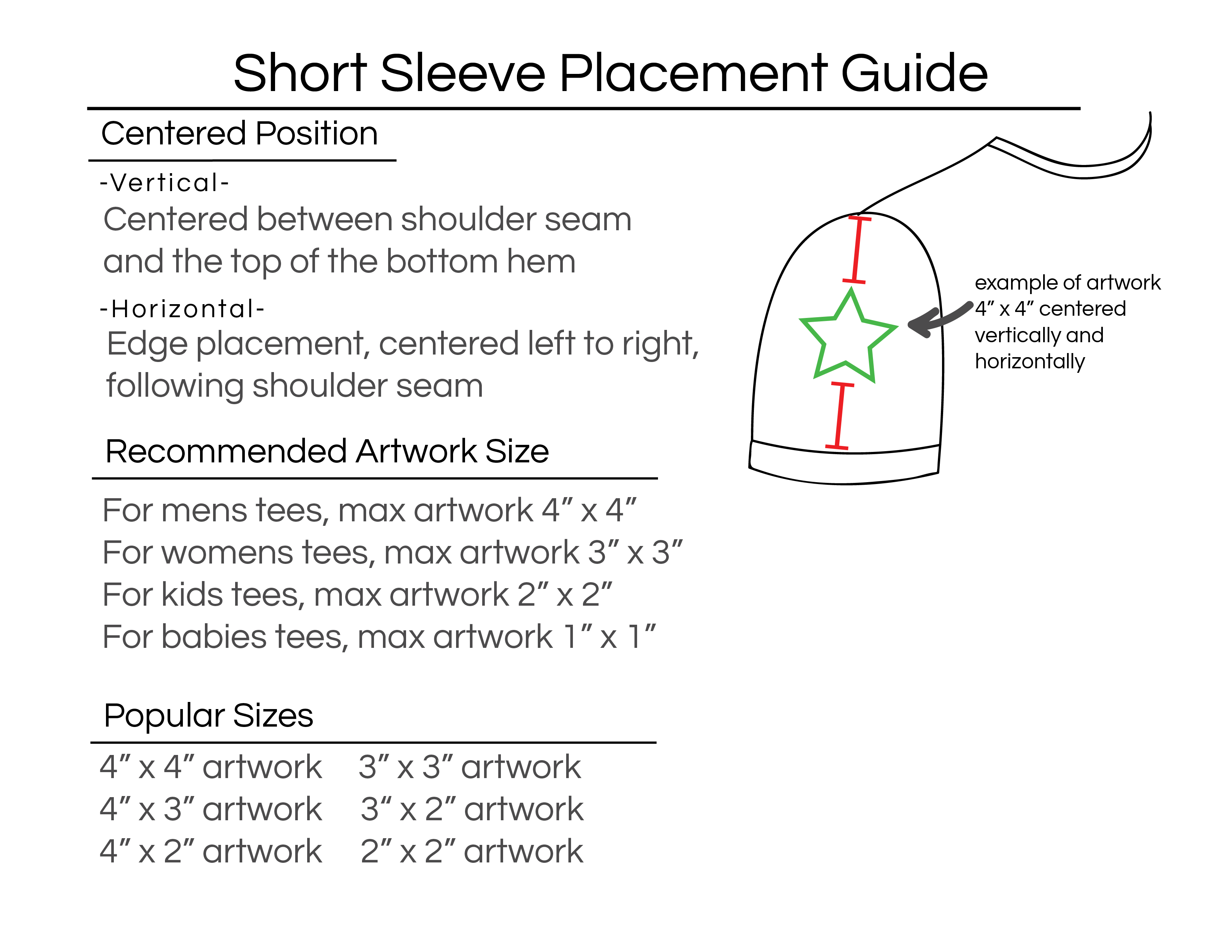 vertical and horizontal Short sleeve placement guide with recommended sizes